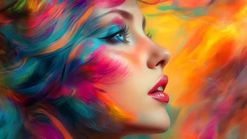 Vibrant female profile surrounded by swirling neon colors.