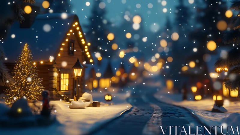 Snowy village lane with glowing festive cottages at dusk.