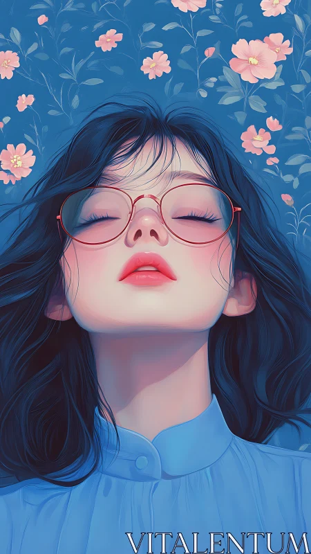 Softly dreaming girl rests beneath gentle blue blossoms