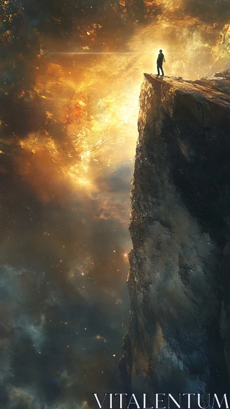 Solitary observer on cosmic cliff confronting stellar maelstrom.