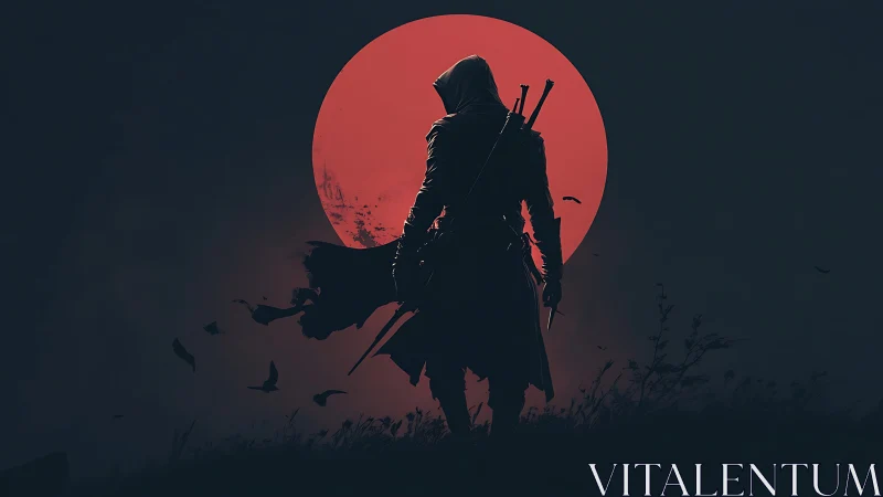 Hooded warrior silhouette stands before large red sun