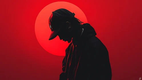 Silhouetted person in cap before circular red backdrop.