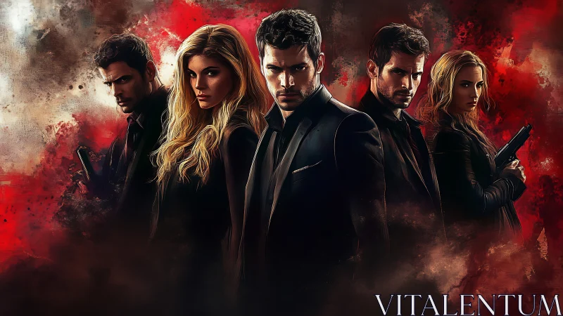 Stylized vigilante team stands against crimson storm backdrop.