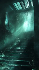 Overgrown stone stairway in teal atmospheric light.