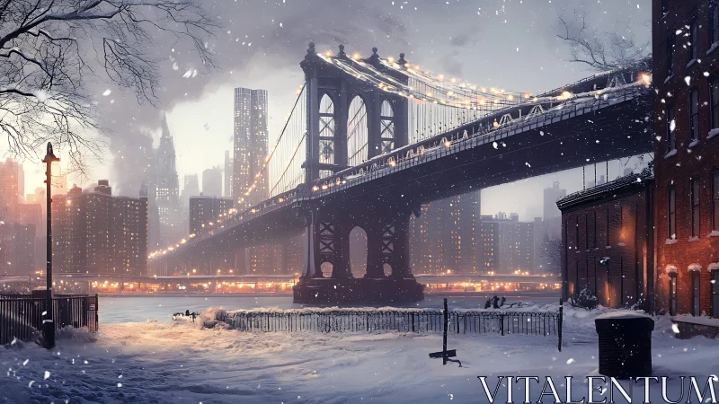 Snow-covered urban bridge and riverside winter landscape.