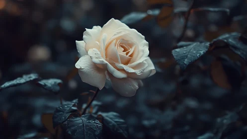 Cream-blush rose bloom with selective focus depth effect.