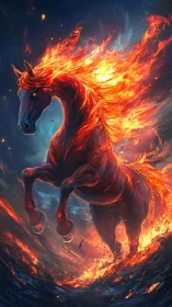 Fiery equine figure rears within high contrast infernal field