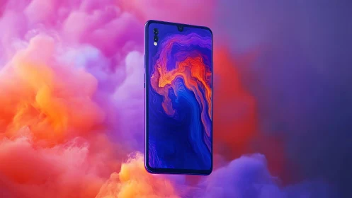 Smartphone with abstract screen over colorful vapor cloud.