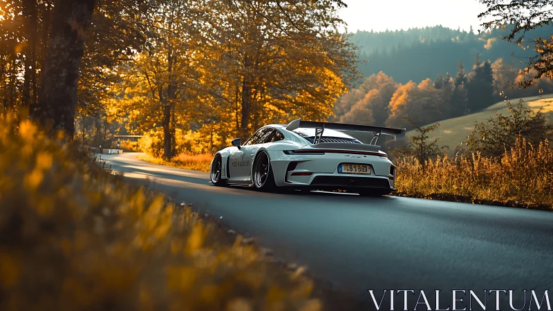 White sports car powers through golden forest road at dusk.