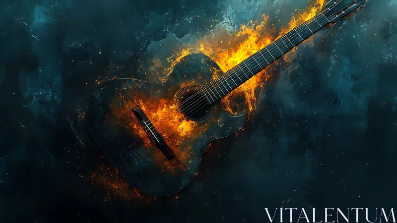 Classical guitar engulfed in controlled digital flames.