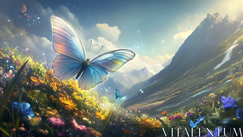 Majestic Butterfly in Vibrant Fantasy Meadow Landscape Digital Art.