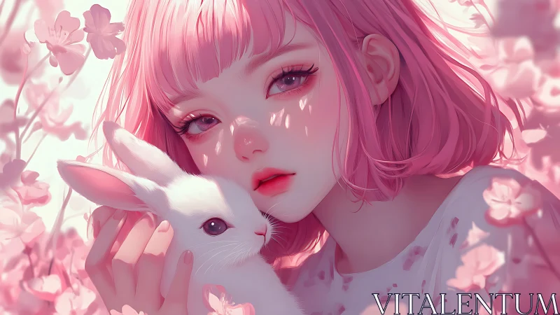 Pink haired girl with white rabbit amid soft floral backdrop.