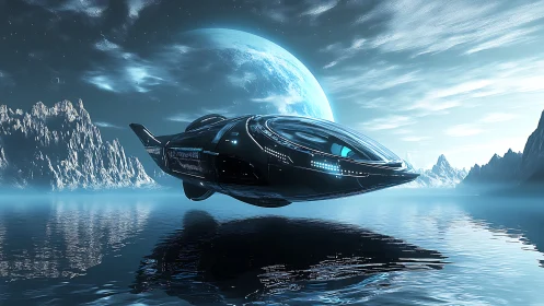 Futuristic starship glides above icy alien ocean under moon