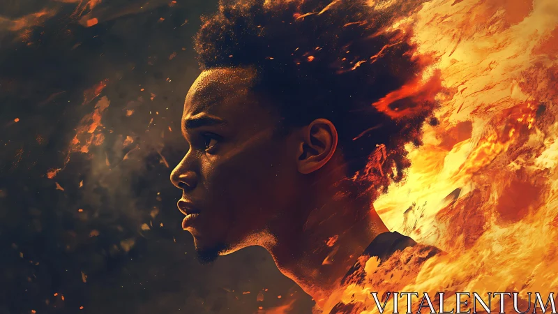 Side-lit male profile merges with dynamic fire plume and embers