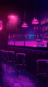 Neon illuminated bar interior shows stools and bottle displays
