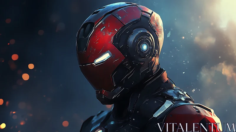 Scarred crimson exosuit sentinel watching embers fall.