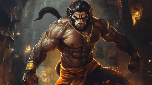 Muscular mythic ape warrior stands tense in burning alley