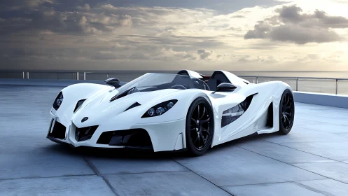 White twin-cockpit hypercar on coastal rooftop terrace.