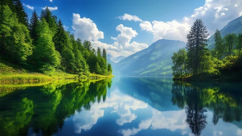 Mirror-bright alpine lake cradles emerald forests and peaks.