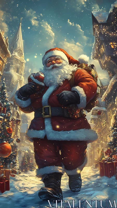 Jolly Santa striding through glowing snowy village street.