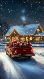 Snow-covered house with lit decorations and red pickup at night.