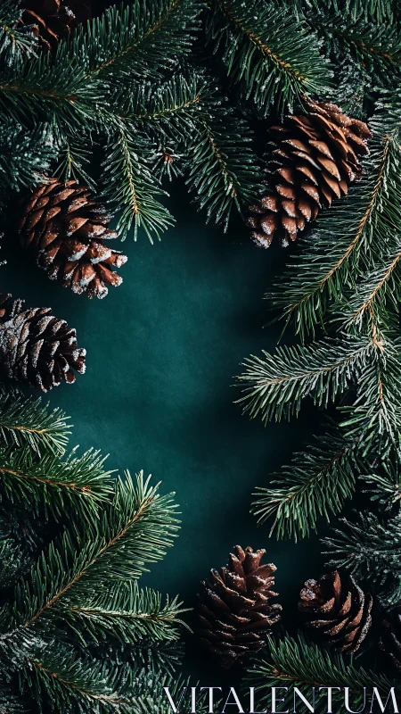 Evergreen branches quietly frame a wintry pinecone stage
