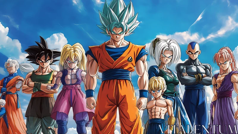 Dragon Ball Z fighters stand united under blue sky.