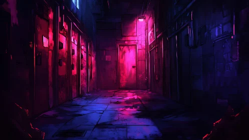 Neon-lit industrial corridor glows with tense cyberpunk mystery