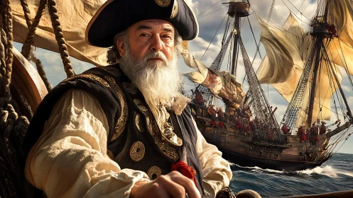 Veteran pirate captain commanding galleon under full sails.