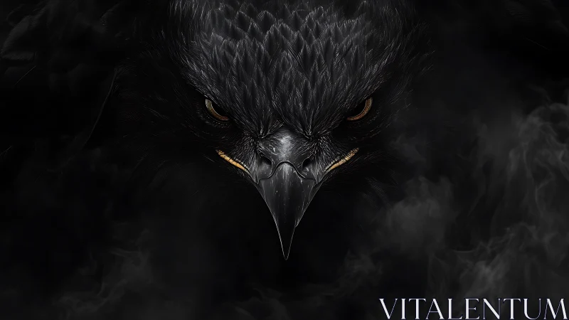 Raven portrait slices smoke with molten amber gaze.