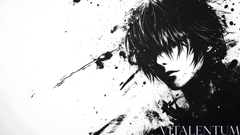 Ink-splattered monochrome portrait shows brooding anime youth