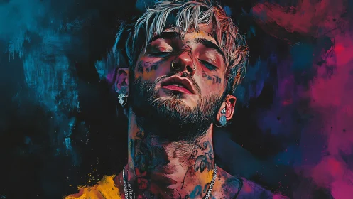 Tattooed male portrait in saturated abstract background.