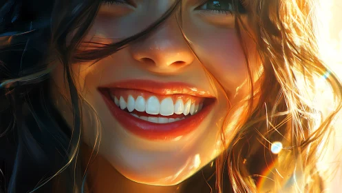 Sunlit smile radiates warmth in hyperreal portrait.