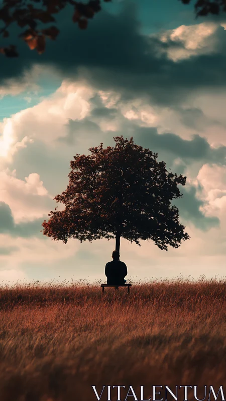 Solitary figure resting beneath a lone tree at dusk.