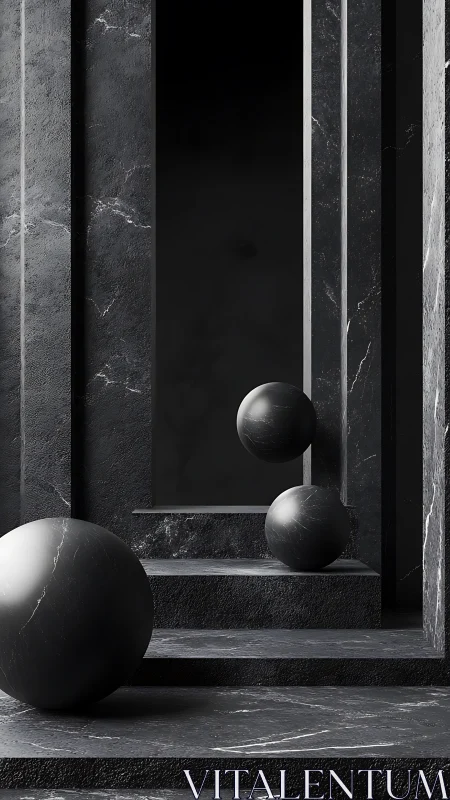 Dark marble spheres punctuate brutalist geometric corridor.