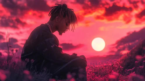 Backlit silhouette of pensive figure in high-saturation neon sunset field