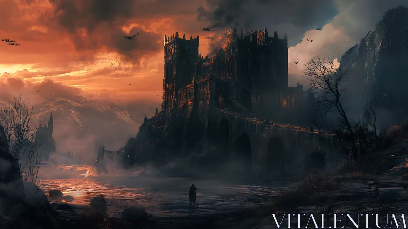 Gothic fortress at dusk in atmospheric concept art landscape.