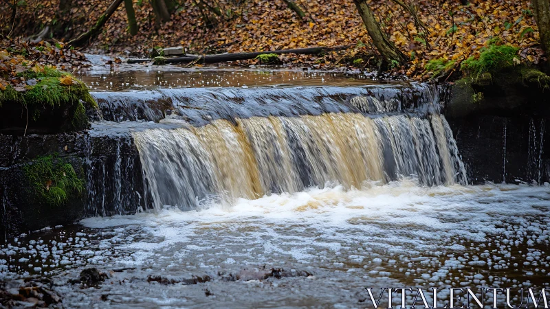 Low-head woodland weir with turbulent autumn stream dynamics.
