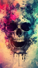 Neon ink skull dissolves through chaotic splash gradients.
