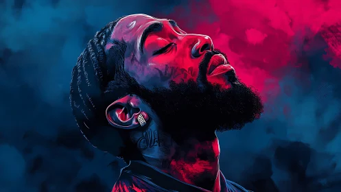 Side profile portrait shows man in neon blue and red light