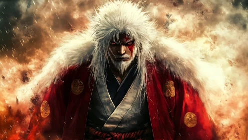 White haired warrior in red kimono amid blazing smoke.