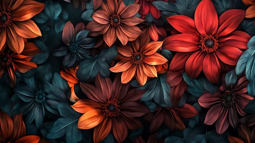 Digital botanical composition with layered floral elements exhibiting warm chromatic gradients and d