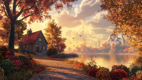 Lakeside stone cottage and distant castle in autumn light.