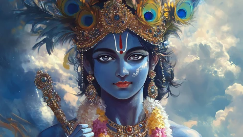 Radiant blue deity with peacock crown in glowing clouds.