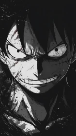 Monochrome manga portrait shows intense, battle worn expression