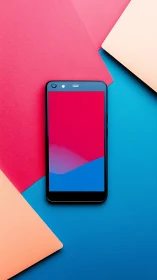 Black Smartphone Displaying Gradient Waves on Geometric Background.