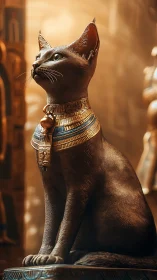 Egyptian-style cat statue with ornate collar in warm light.