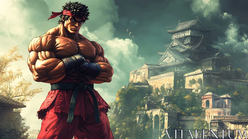 Martial artist stands before large fortified Japanese castle