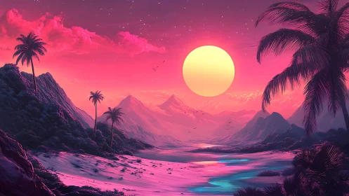 Neon tropical coastline under large sun with distant mountains.