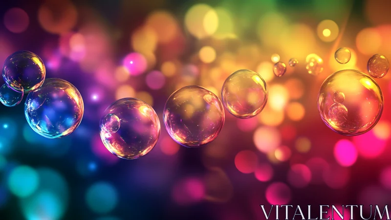 Prismatic soap bubbles drift through luminous bokeh haze.